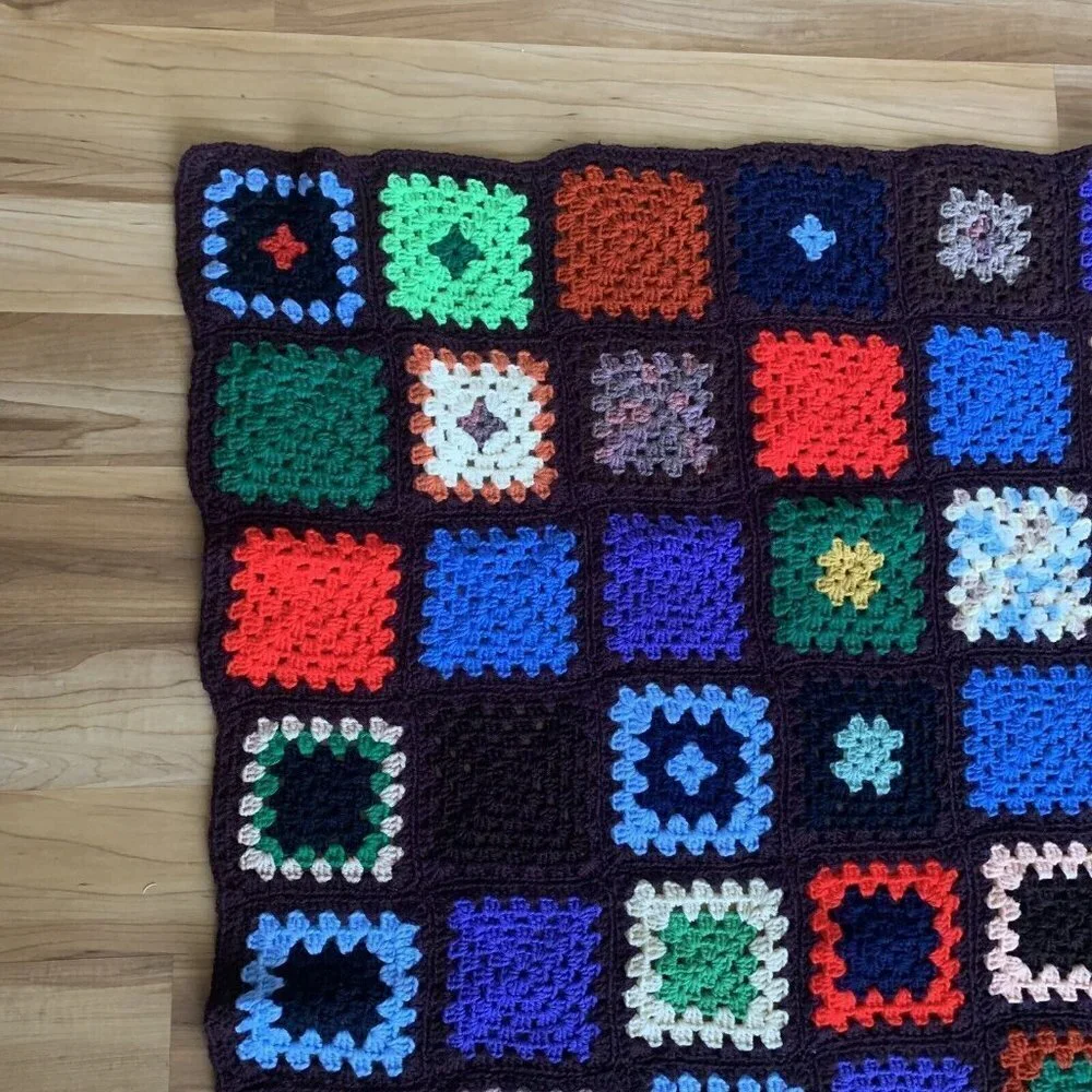 Granny Square Dark Brown Afghan Crochet Throw Blanket 45” x 58” Vintage